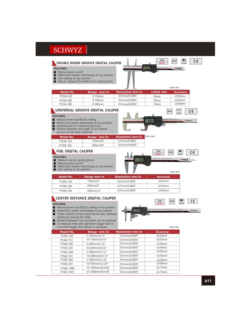 schwyz kmp 12 double inside groove digital caliper teknik katalog sayfası