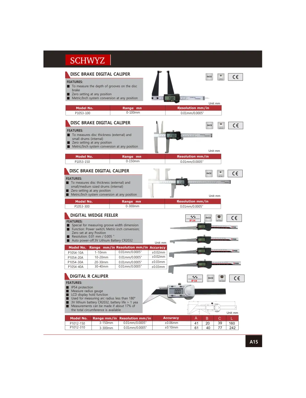 schwyz kmp 16 disc brake digital caliper teknik katalog sayfası