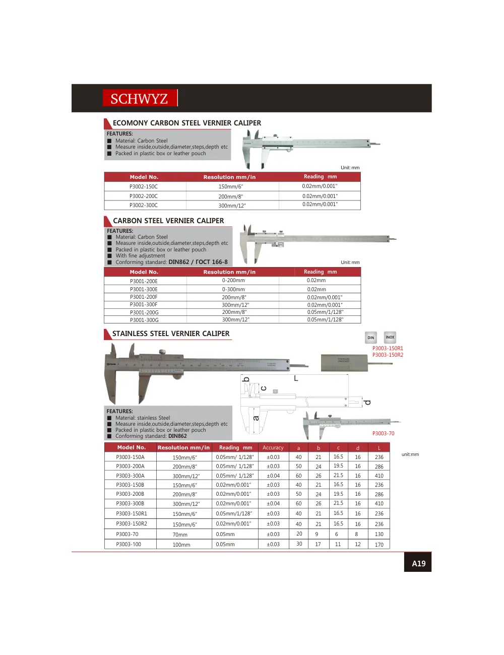 schwyz kmp 20 ecomony carbon steel vernier caliper teknik katalog sayfası