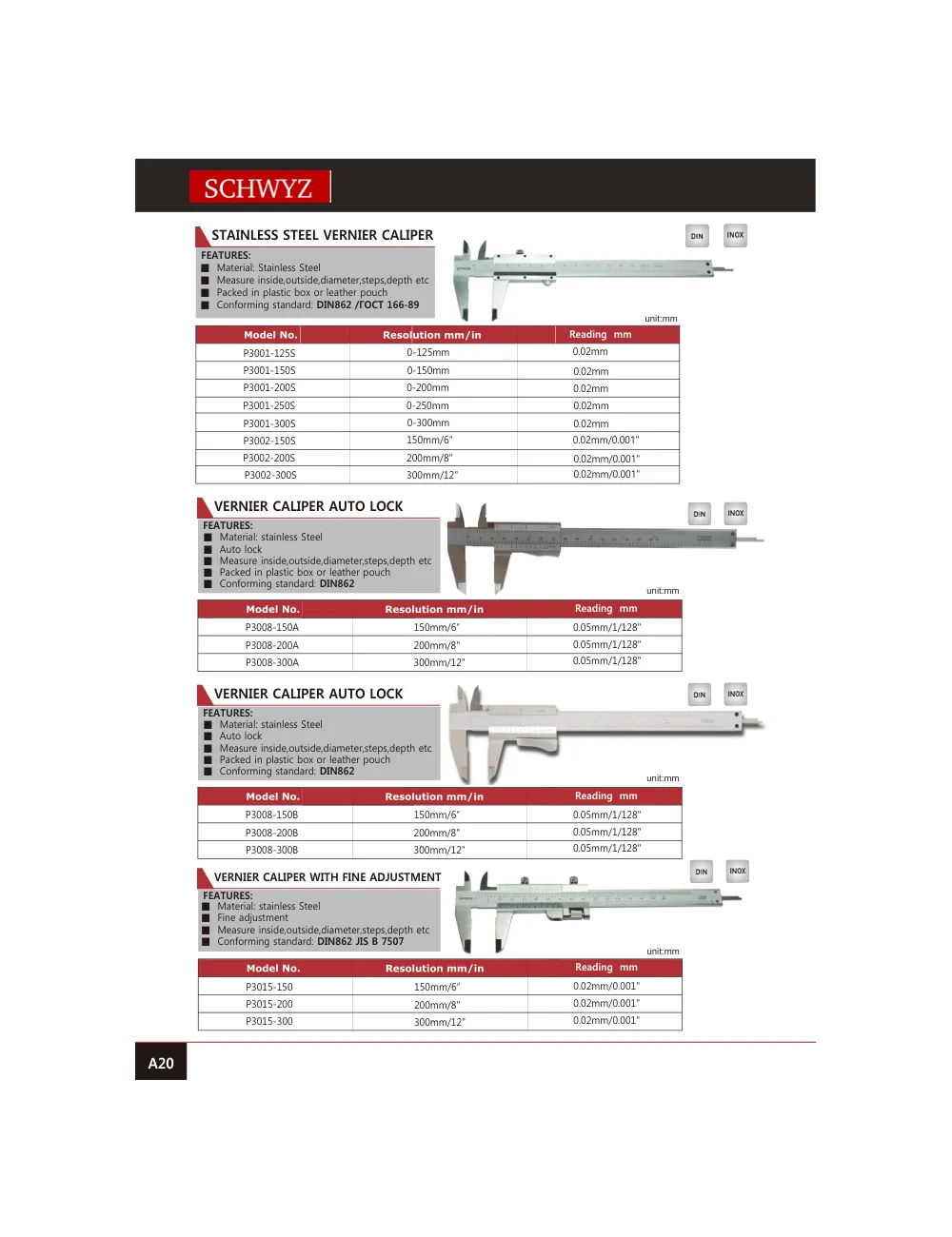 schwyz kmp 21 stainless steel vernier caliper teknik katalog sayfası