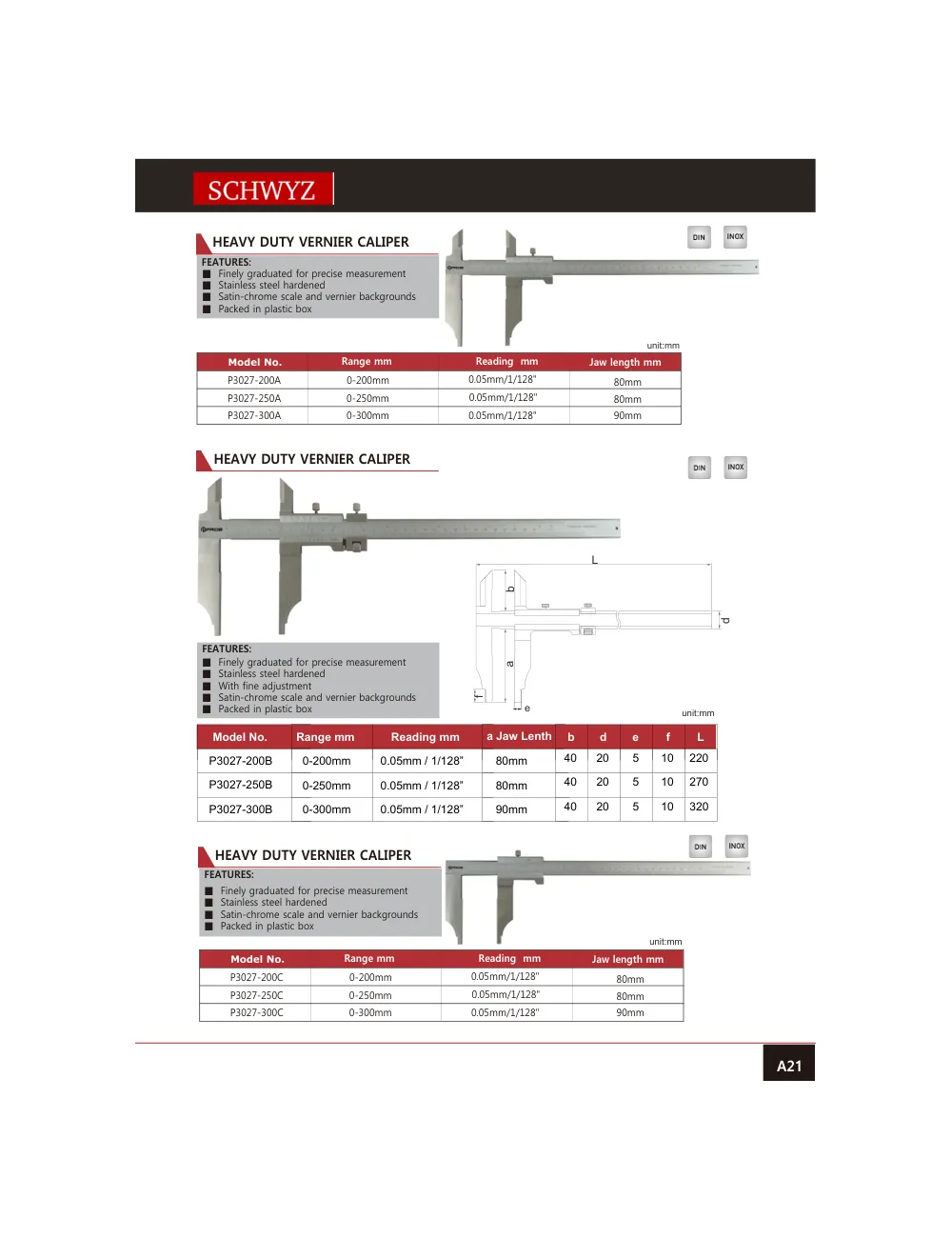 schwyz kmp 22 heavy duty vernier caliper teknik katalog sayfası