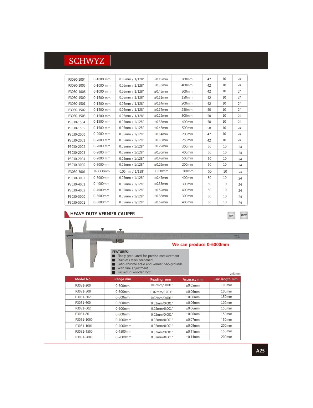 schwyz kmp 26 heavy duty vernier caliper teknik katalog sayfası