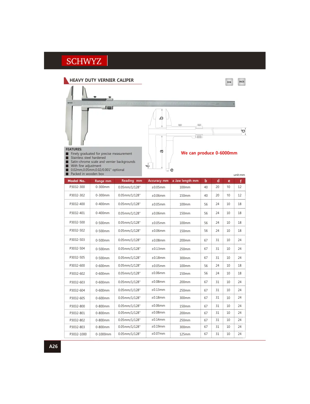 schwyz kmp 27 heavy duty vernier caliper teknik katalog sayfası