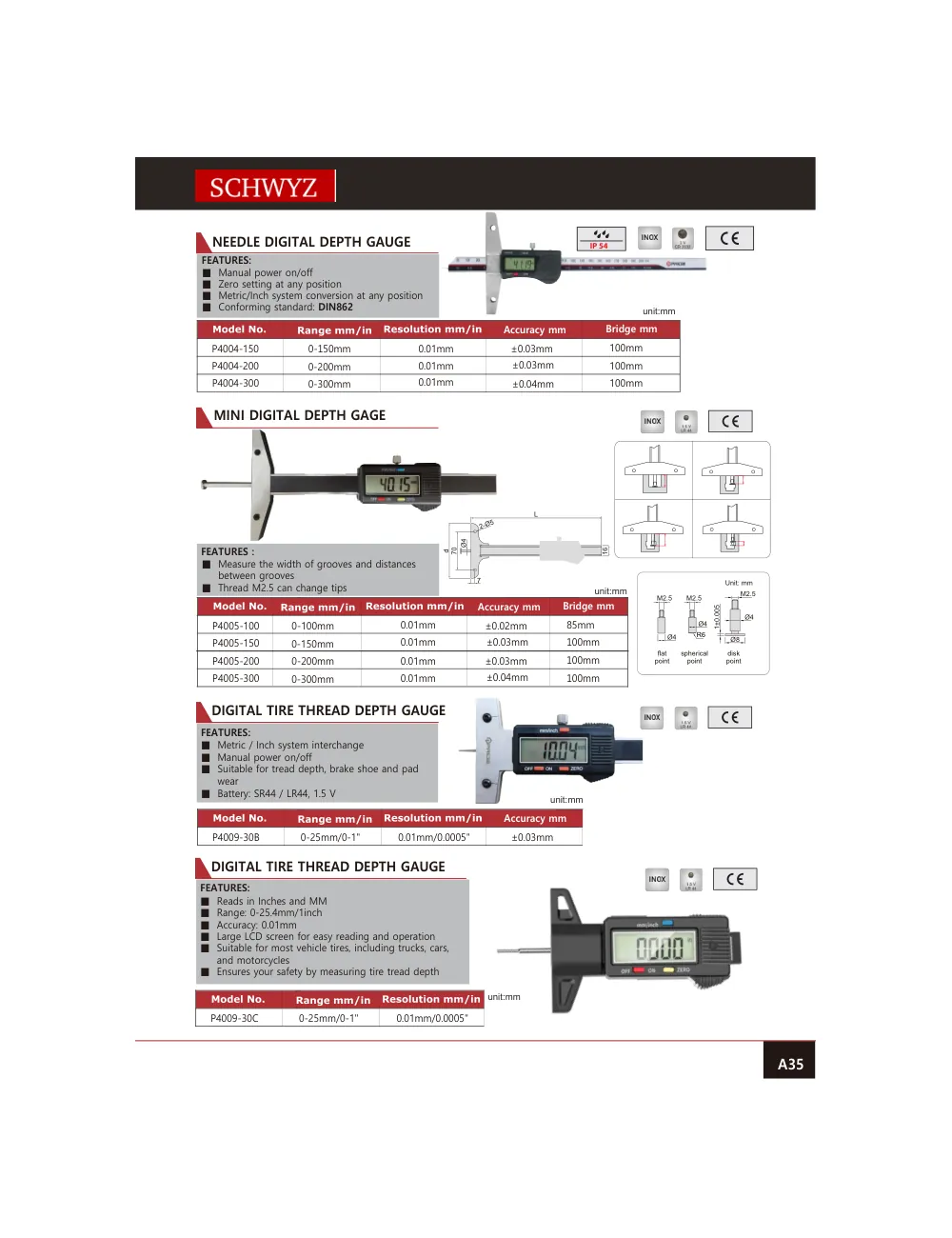 schwyz kmp 36 needle digital depth gauge teknik katalog sayfası