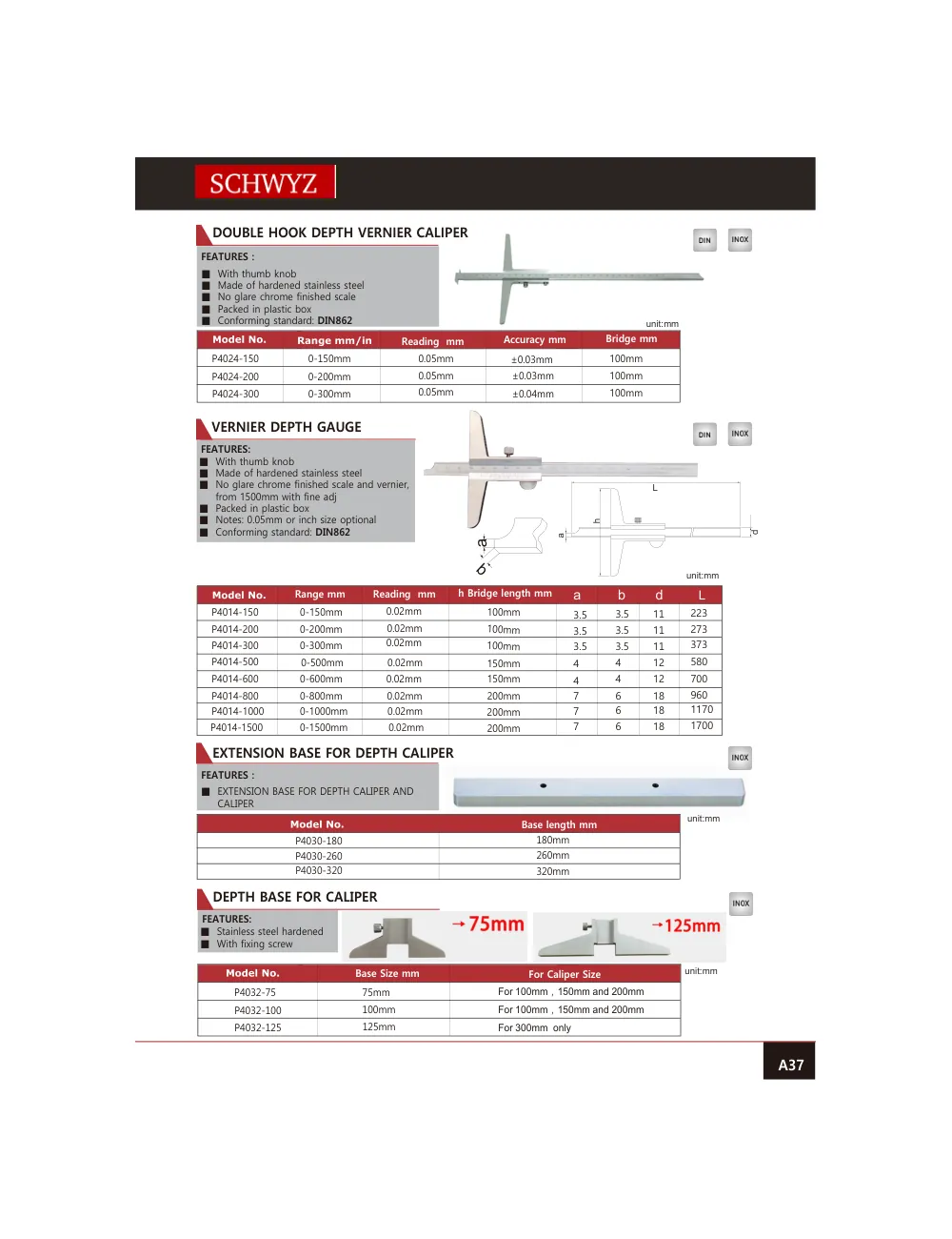 schwyz kmp 38 double hook depth vernier caliper teknik katalog sayfası