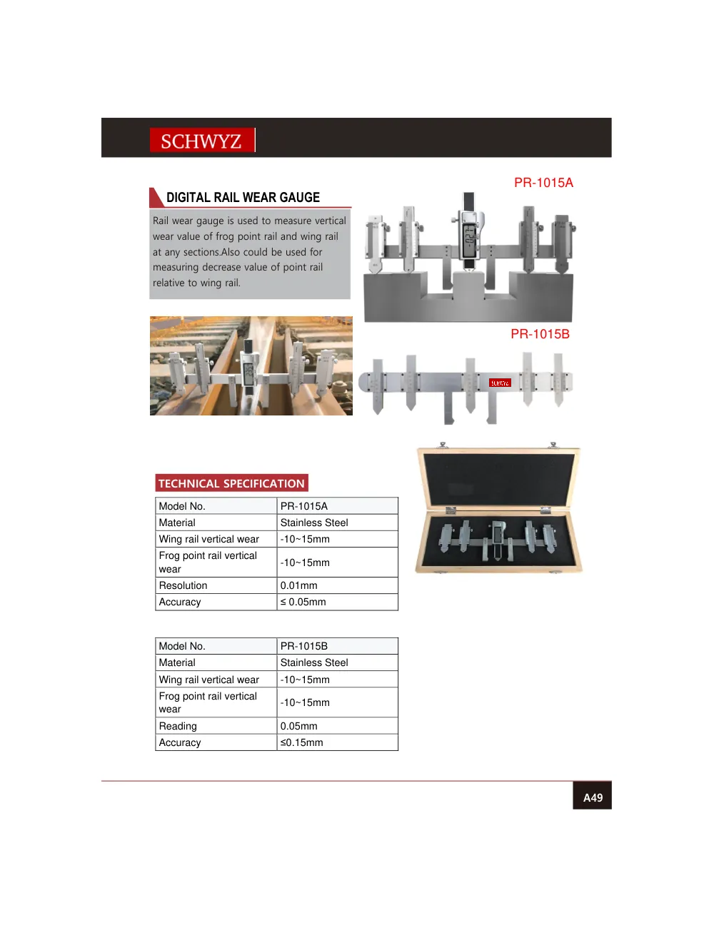 schwyz kmp 50 digital rail wear gauge teknik katalog sayfası