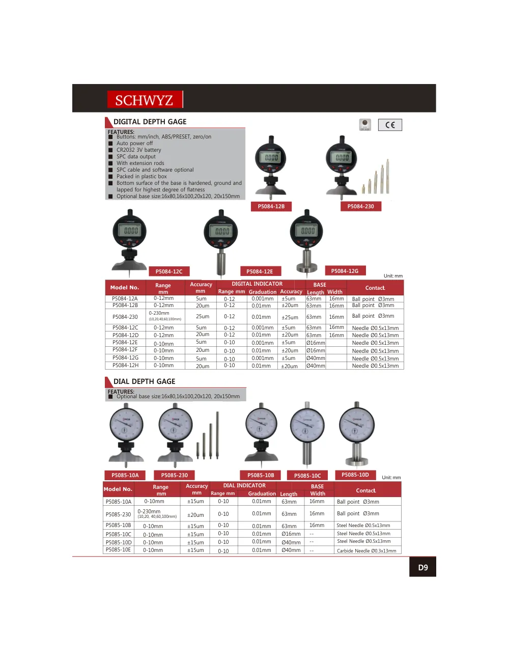 schwyz kom 10 digital depth gage teknik katalog sayfası