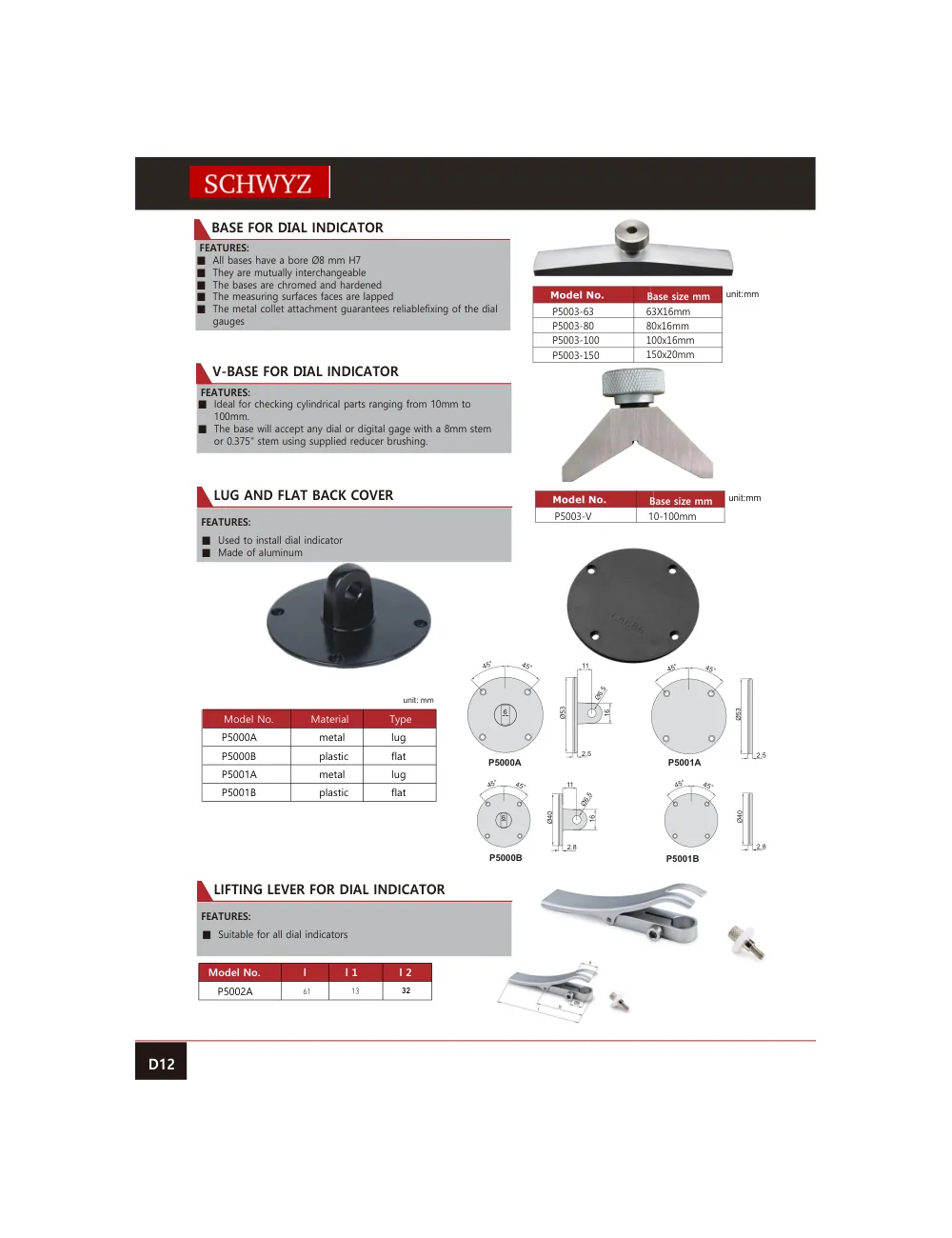 schwyz kom 13 base for dial indicator teknik katalog sayfası