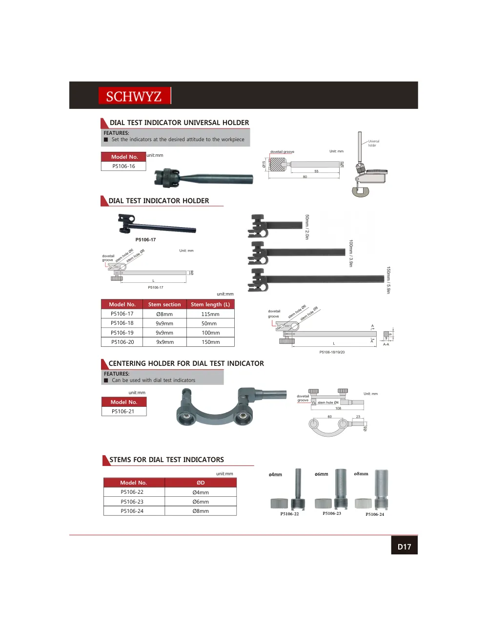 schwyz kom 18 dial test indicator universal holder teknik katalog sayfası