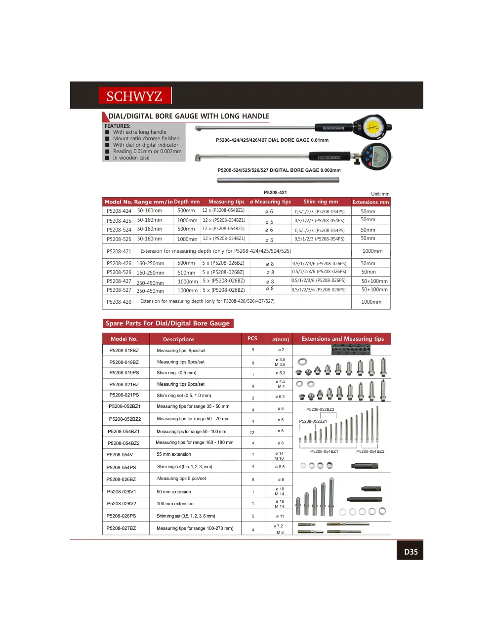 schwyz kom 36 dial digital bore gauge with long handle teknik katalog sayfası