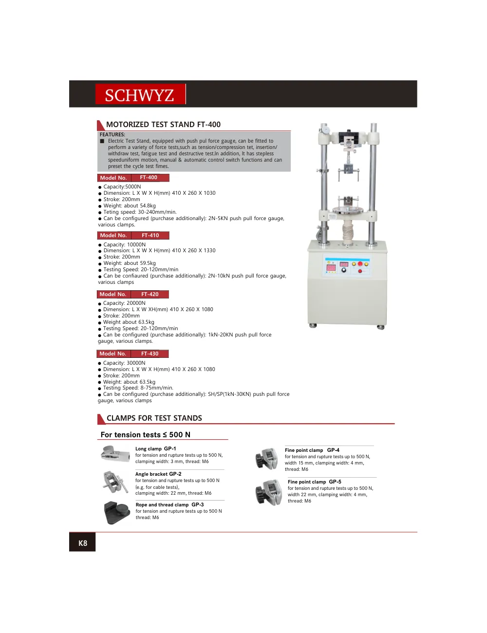 schwyz kuv 09 motorized test stand ft 400 teknik katalog sayfası