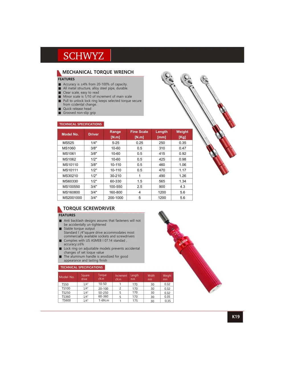 schwyz kuv 20 mechanical torque wrench teknik katalog sayfası