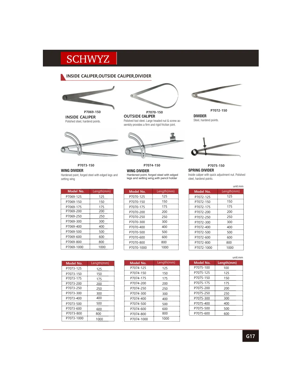 schwyz kyn 18 i nside caliper outside caliper divider teknik katalog sayfası