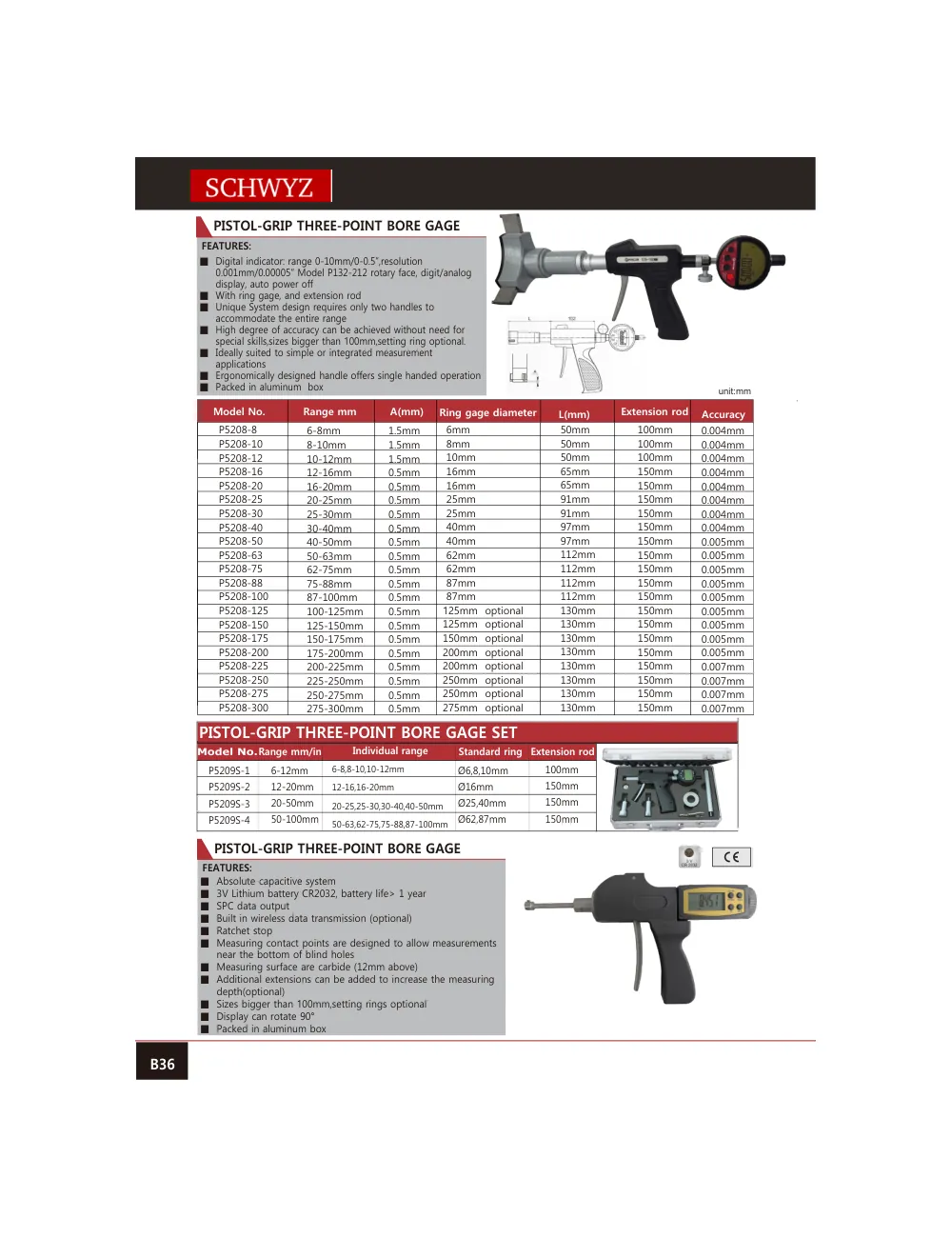 schwyz mik 36 pistol grip three point bore gage teknik katalog sayfası