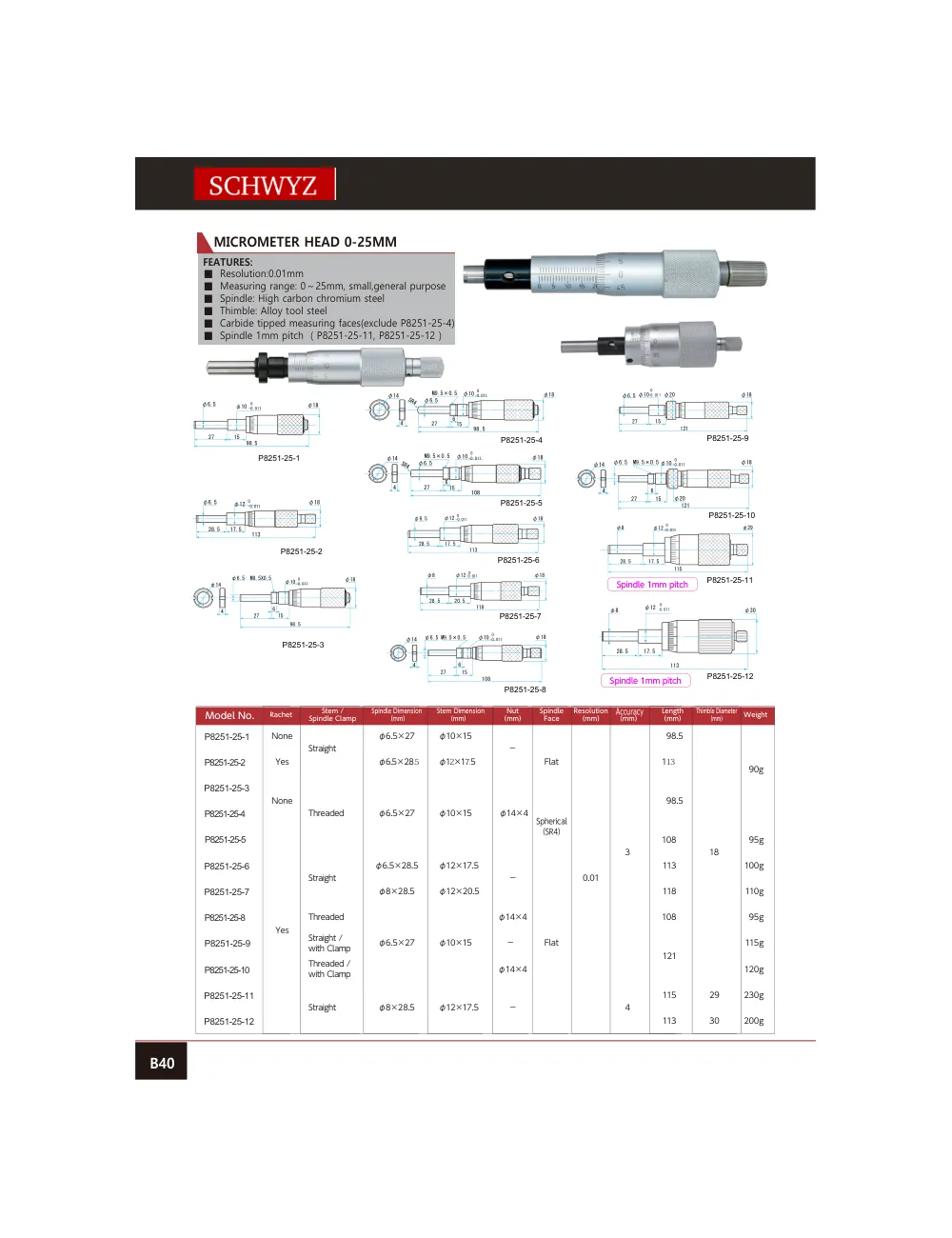 schwyz mik 40 micrometer head 0 25mm teknik katalog sayfası
