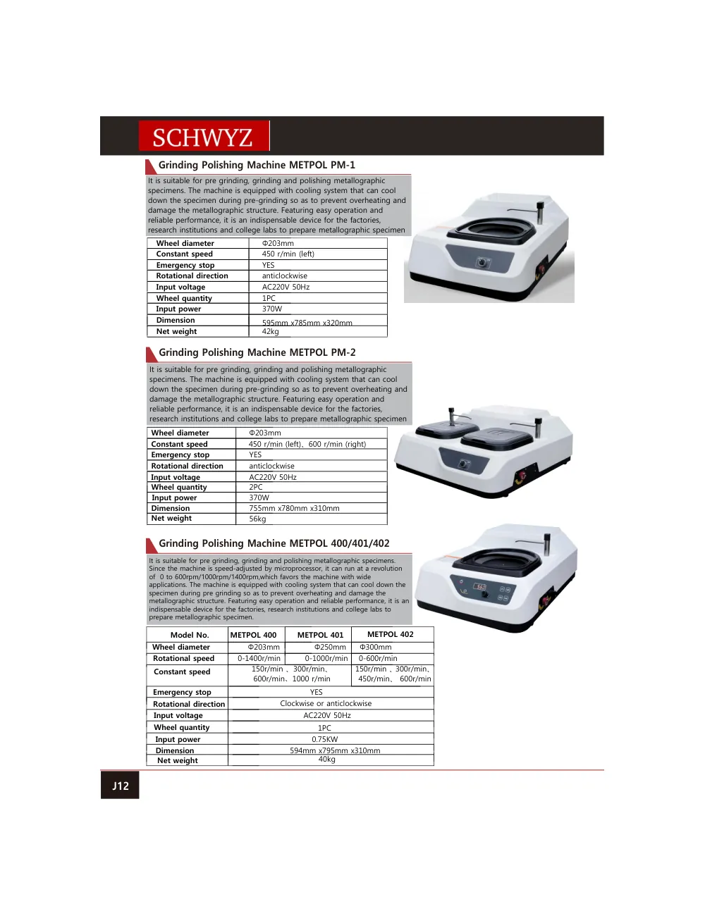 schwyz mtl 13 g rinding p olishing machine metpol pm 1 teknik katalog sayfası