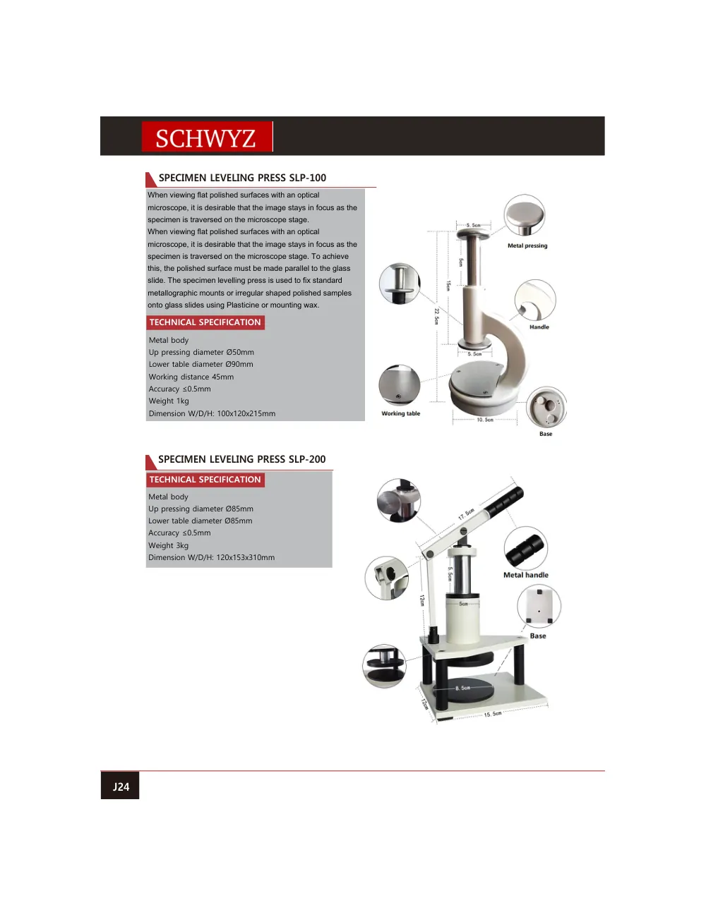 schwyz mtl 25 specimen leveling press slp 100 teknik katalog sayfası