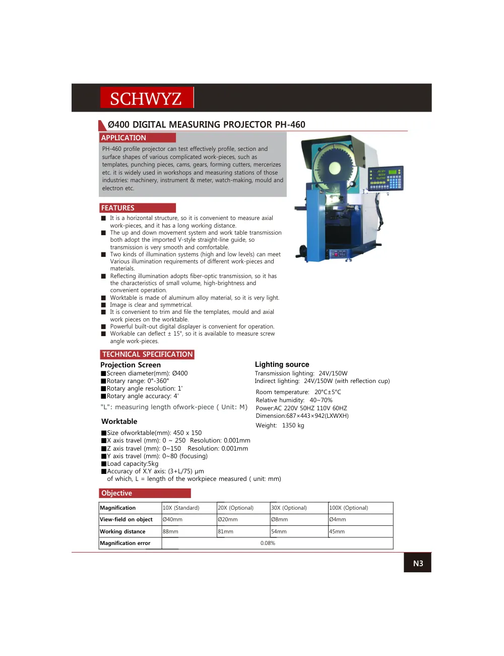 schwyz opt 04 400 digital measuring projector ph 460 teknik katalog sayfası