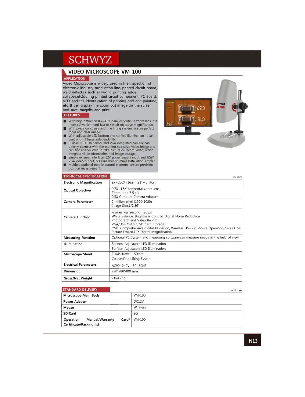 schwyz opt 14 video microscope vm 100 teknik katalog sayfası