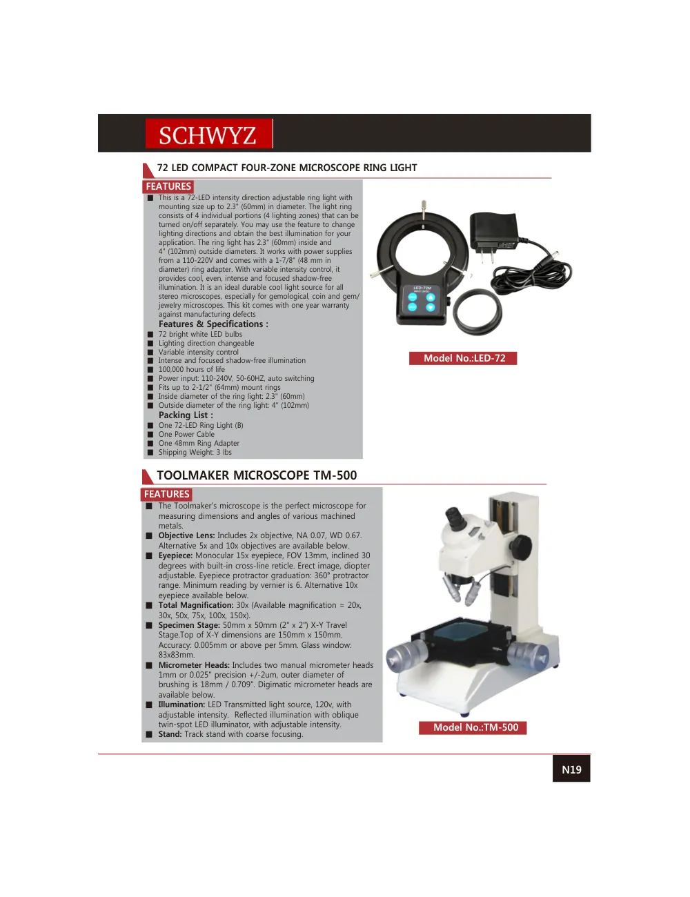 schwyz opt 20 72 led compact four zone microscope ring light teknik katalog sayfası