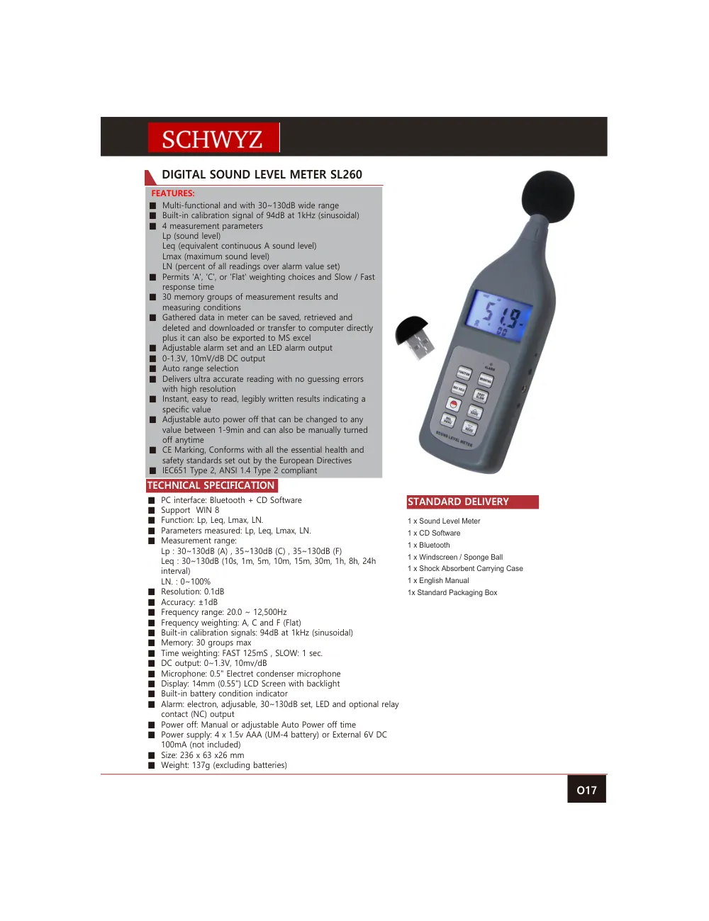 schwyz ref 18 digital sound level meter sl260 teknik katalog sayfası